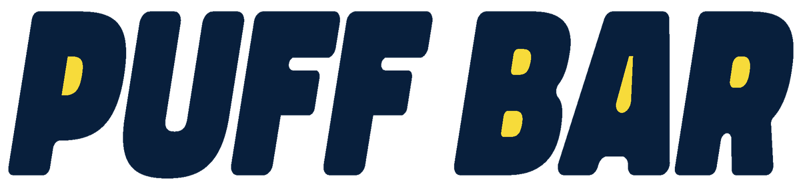 Puff Bar-logo i mørkeblått og gult med fet skrift