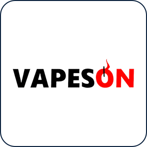 Vapeson-logo i svart og rødt med en stilisert dampdetalj